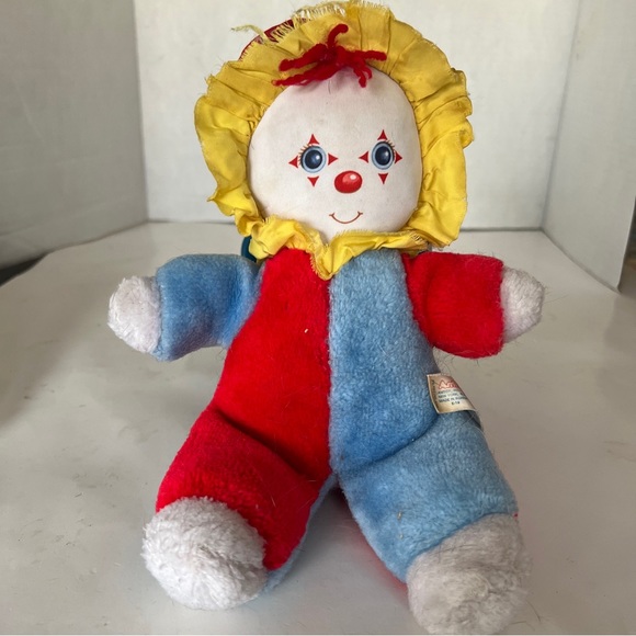 Vtg 1982 AmToy Clown Baby Softtouch Stuffed Plush Soft Toy Red Yellow Blue 10” - Picture 1 of 9